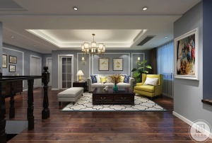 楼上客厅是灰蓝色空间基调，各种艺术挂画作为墙面装饰， 深色的地板搭配白色的家具沙发 