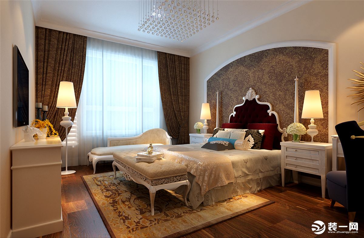 卧室以温馨的暖色调为主，白色弧形石膏线勾勒出饱满的图形
