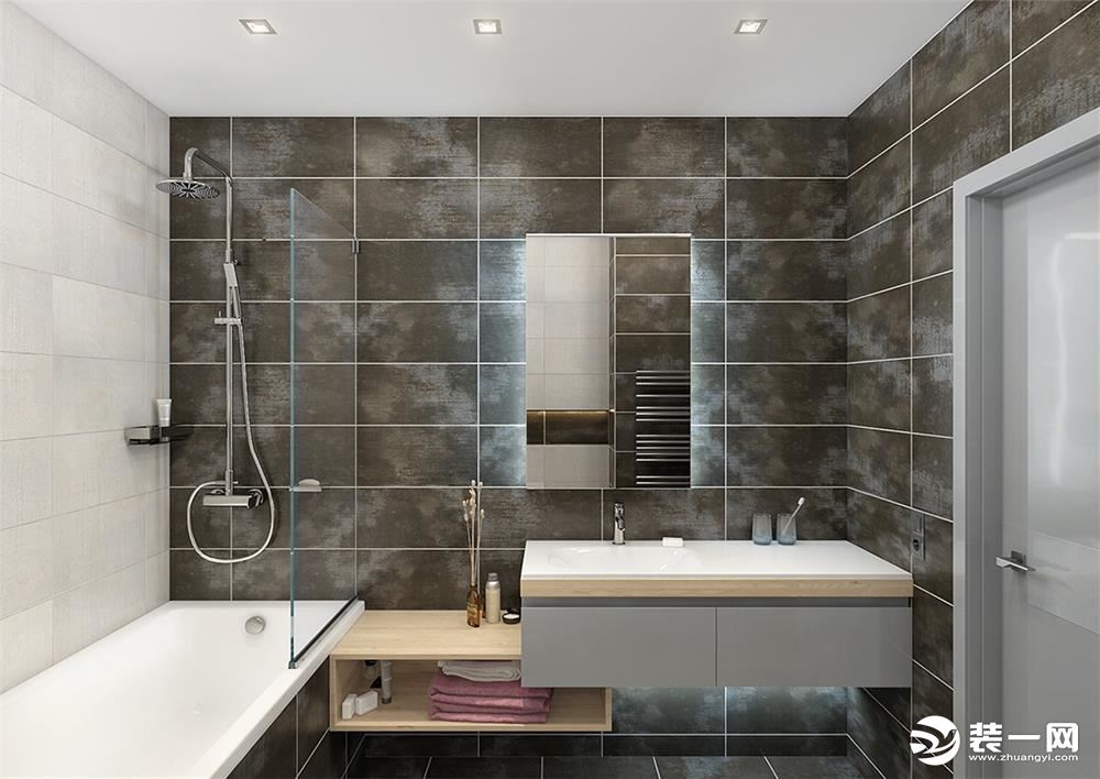 深灰色与白色墙面在墙面色彩上形成拼贴，在整体色调上突出整间卫浴间的色彩对比感，简约的黑色台盆与黑框镜