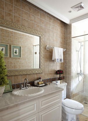 卫生间合理规划到每一点空间，用上浅色的复古砖，好看又耐脏。
