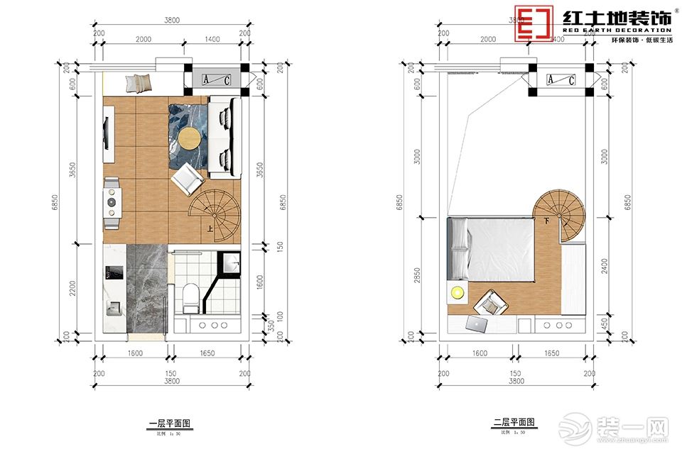 42平兩居室港式風格戶型圖裝修效果圖