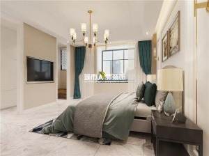 卧室虽然线条简洁，却足够得体大气；藏蓝色窗帘与床品呼应，在抽象挂画的陪衬中，多了份现代优雅。