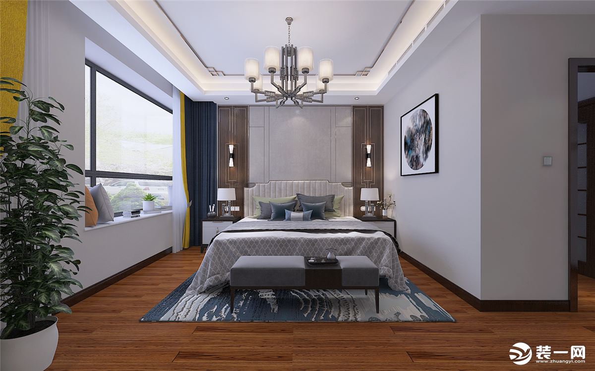 主卧床头背景墙使用简单的造型，再搭配拼色窗帘，使整个房间亮丽许多。