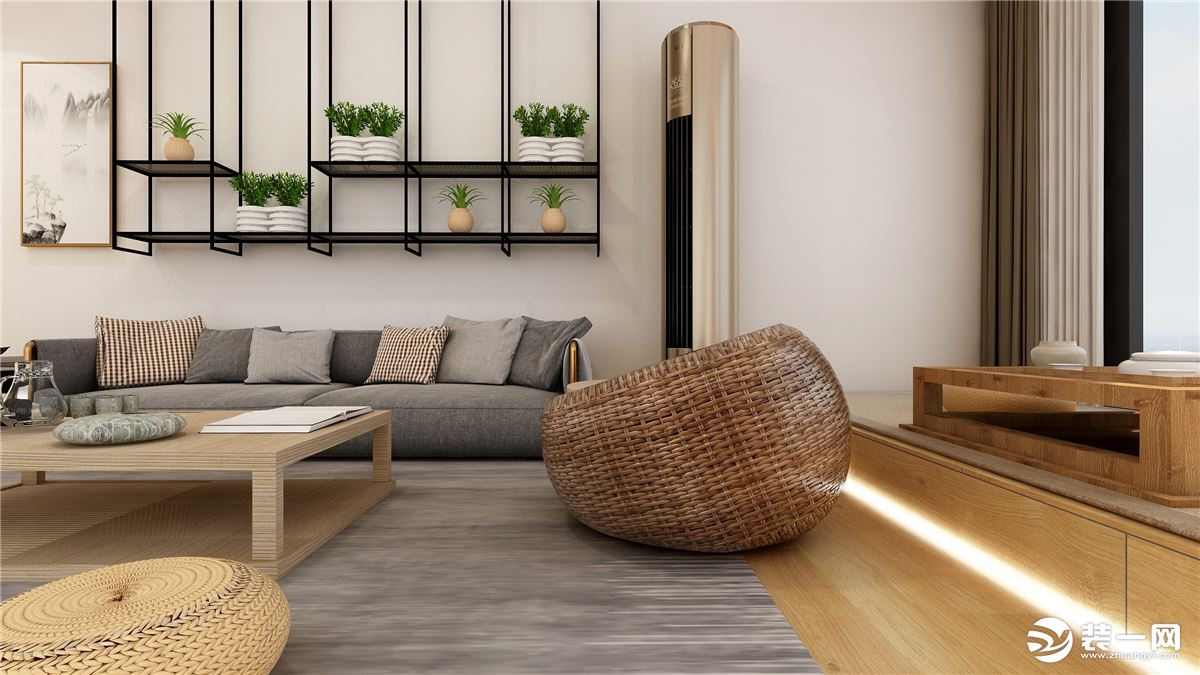 客厅的造型还是相对简单的，沙发墙用铁艺搭配绿植的装饰让客厅看起来更加清新