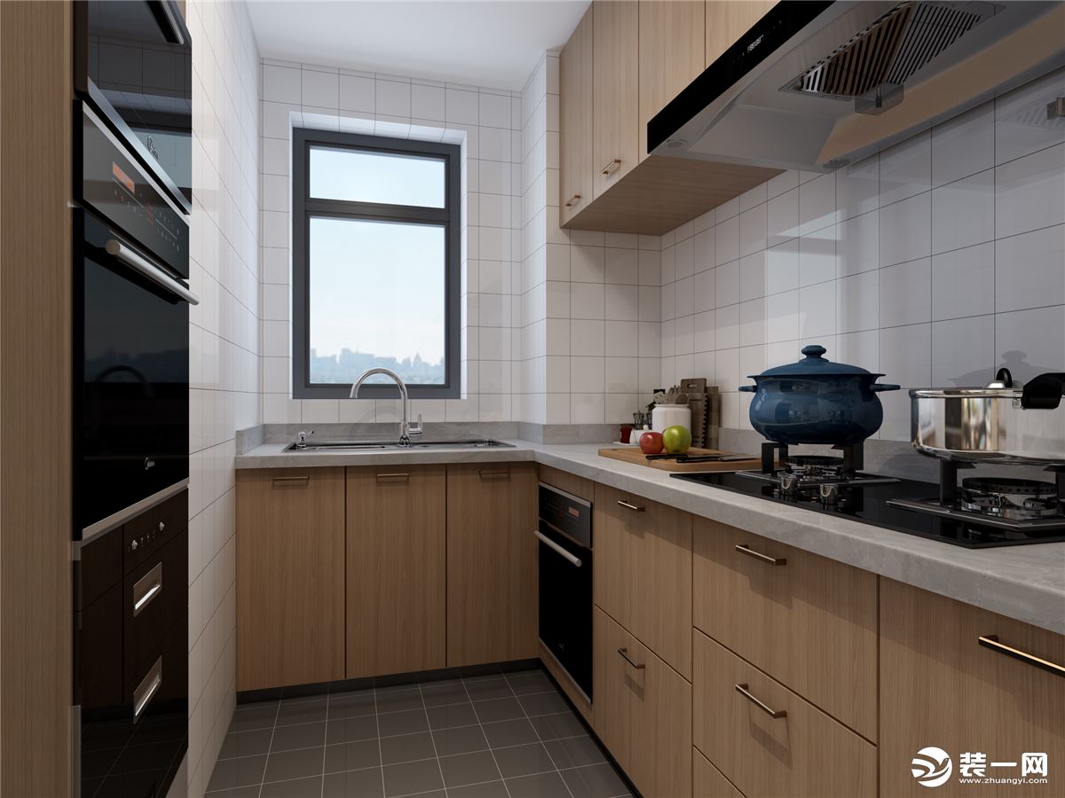 厨房空间，旁边高柜的设计嵌入烤箱等电器 外观简洁实用方便 节省空间
