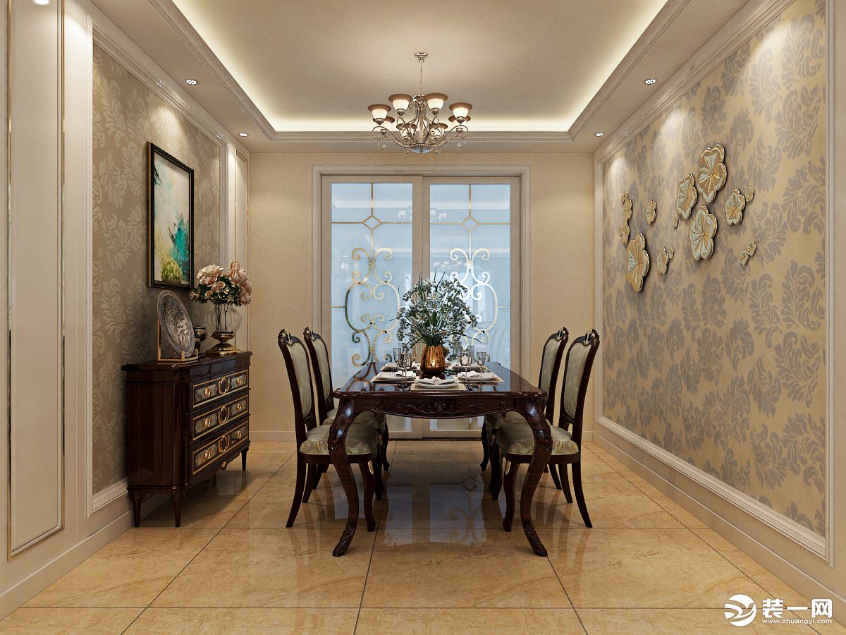 餐厅这块采用壁纸的设计，和客厅相呼应，做到风格设计的统一，表现了空间的明亮大方。