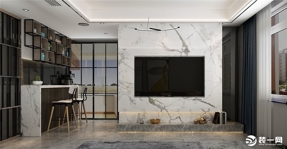 客厅电视墙比较短，存在不对称的问题，通过借景的方式解决这个问题，镜片与大理石的结合使整个空间感觉大气