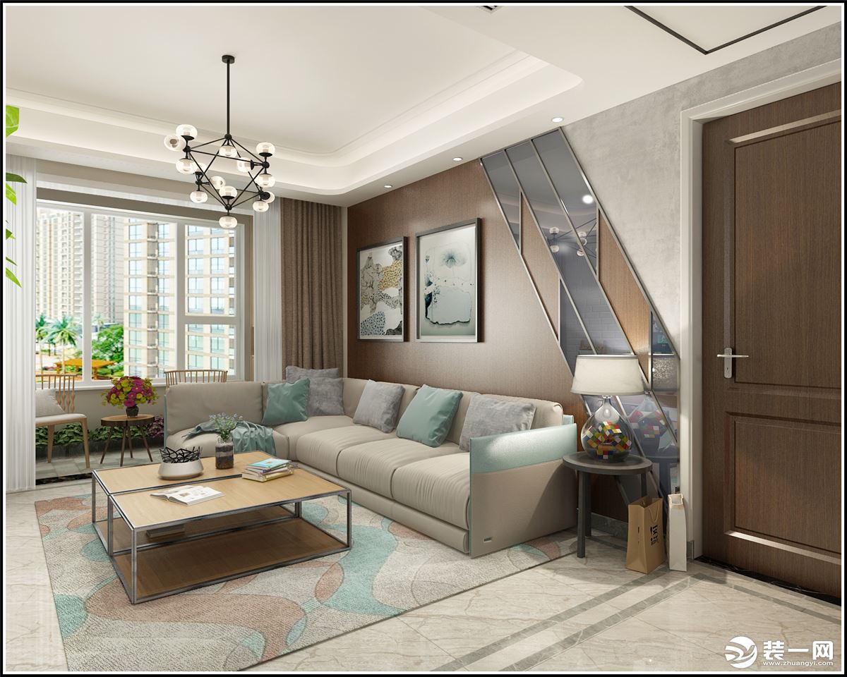 沙发背景墙是一个木质加拼接的设计风格，一个斜三角又和整体的色调一致，达到了统一性。