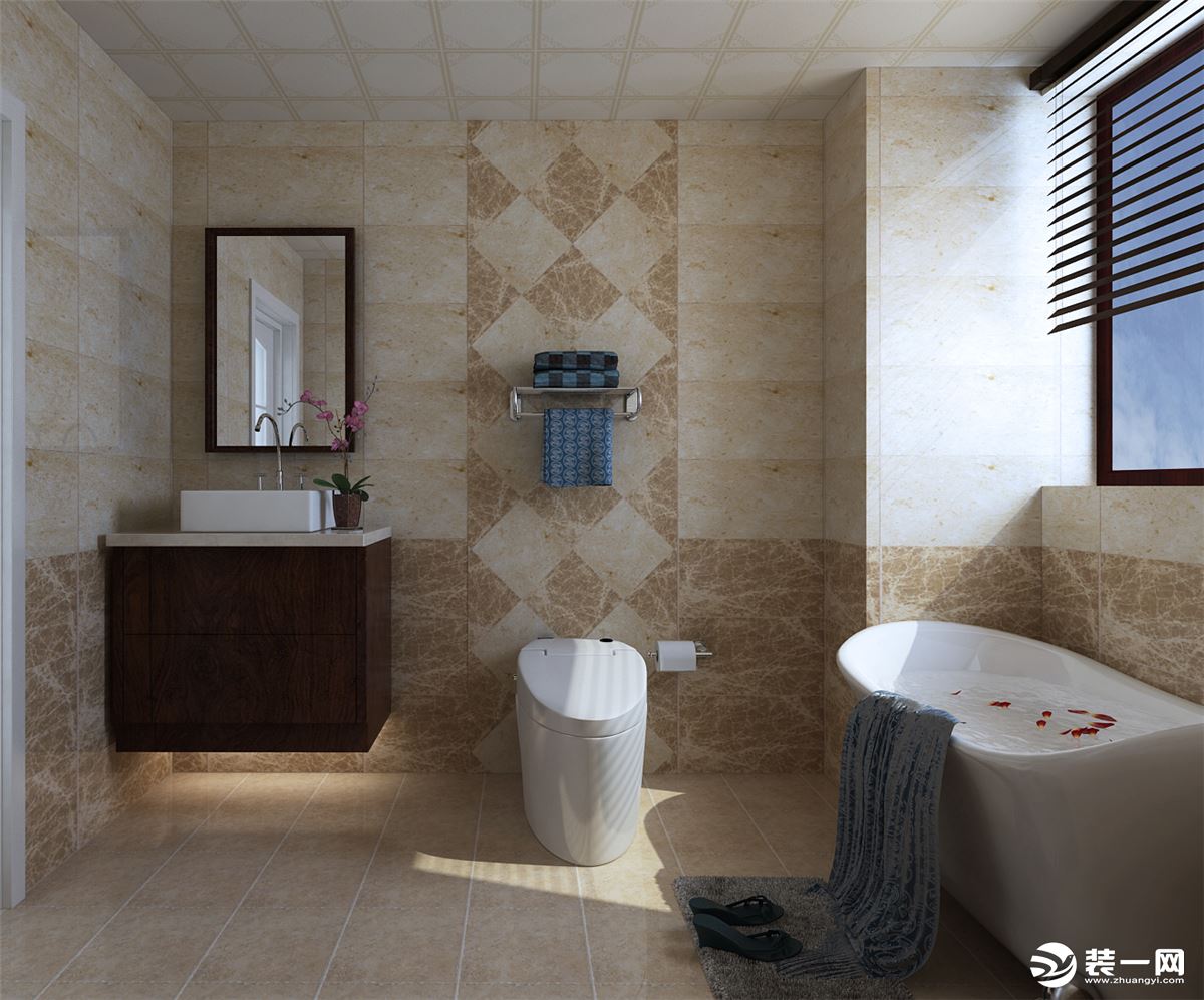 卫生间采用暖色瓷砖，穿插着不同色调，让空间显得层次感强，卫生死角易打理，嵌入式水箱也省空间，时尚满满