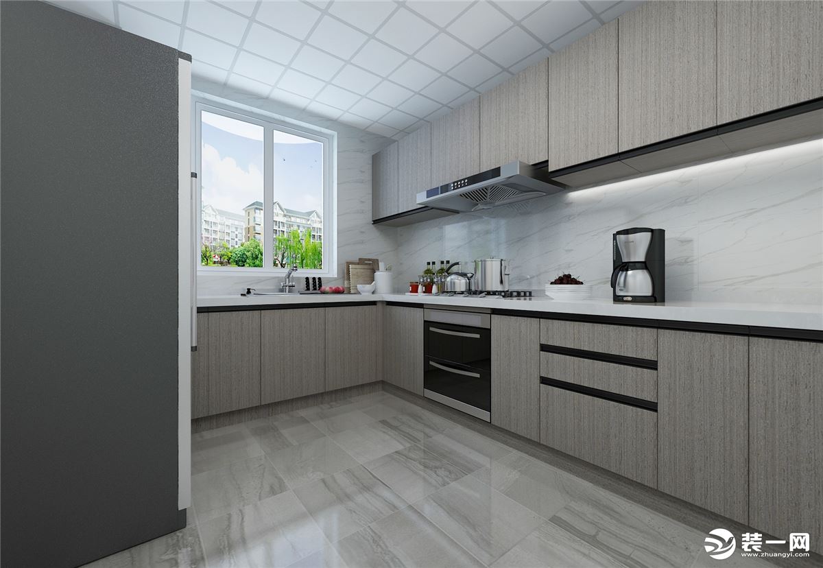 厨房是一个L型的设计，整体空间是一个灰系的搭配，看起来简洁。主人家在烹饪时间也会感到干净，舒适