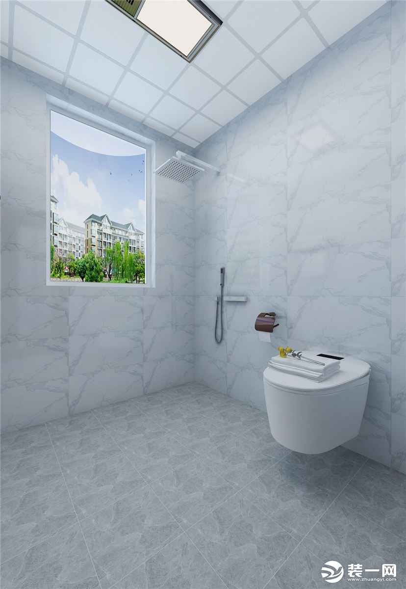 卫生间是一个壁挂式马桶，入墙式花洒。让整个空间方便清理。