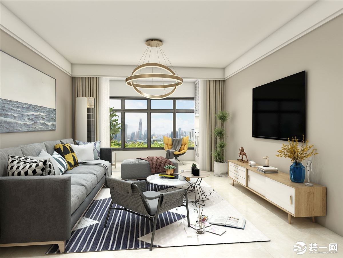 电视背景墙采用米色调的形式，让房间显得明亮，搭配上布艺的沙发，形成视觉上的对比，不单调，体现北欧特色