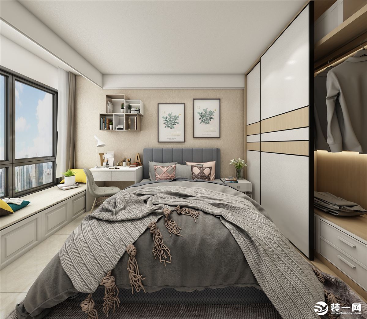 卧室的空间，结合了米色和白色的搭配，增加层次感，两边柜子的设计也给主人家带来了居家实用性。