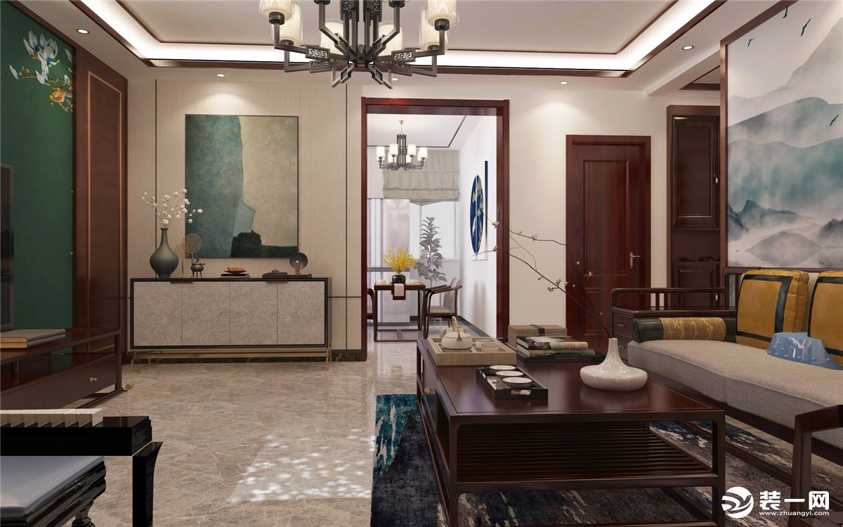 整个客厅的造型不多，就是壁纸的造型，搭配上中式家具，显出空间的风格特色