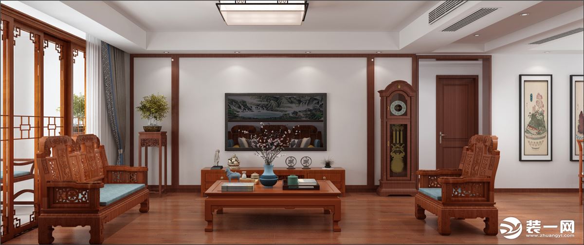 客厅的整个空间采用的还是白色乳胶漆为主色调，影视墙区域采用实木线条，看起来简洁大气
