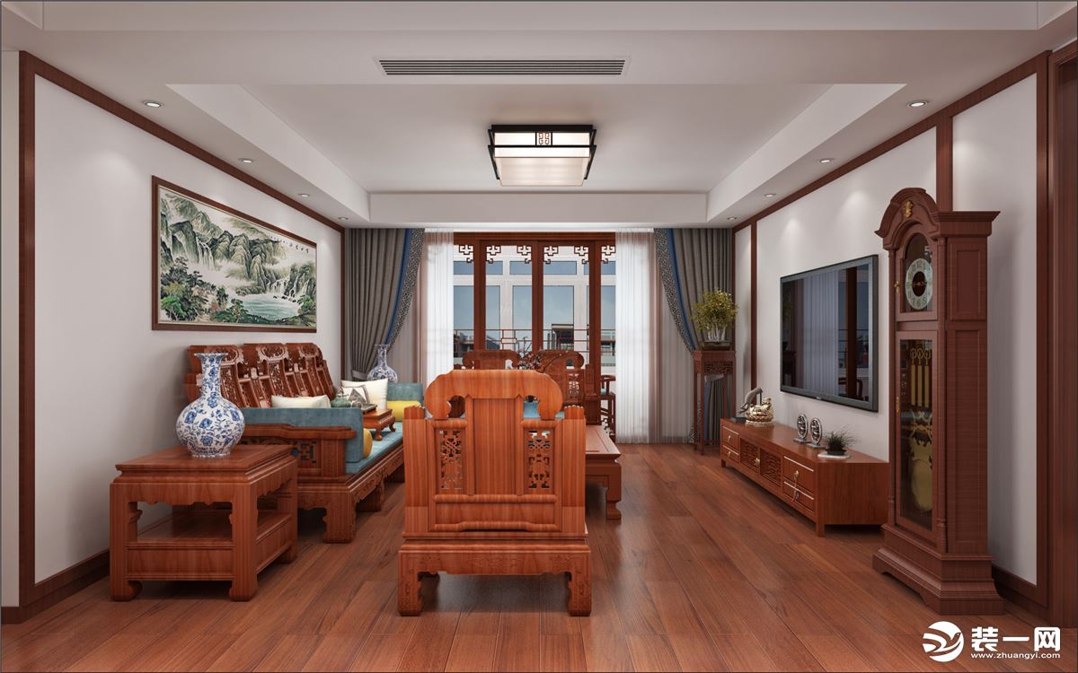 中式的家具，旁边摆放落地钟，与整体家居风格搭配，典雅的落地钟让整个空间多填了些许的古韵色彩。