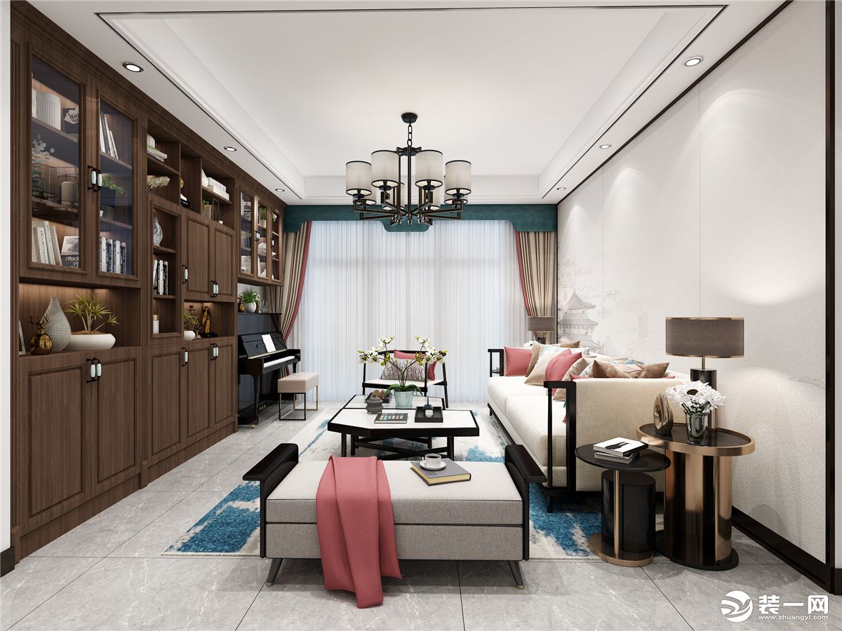客厅空间用极简的线条与淡雅的纯色相搭配，创造质朴却不失品位。木质元素富有东方韵味与浪漫的情调