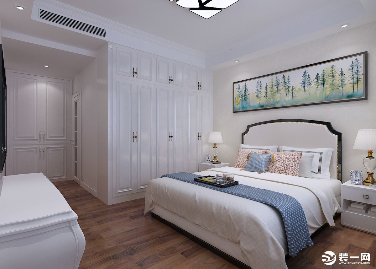 卧室以白色调为主，显得房间干净、明亮。同时也以实用性为主，充足的储物空间与简洁的造型充满温馨  氛围