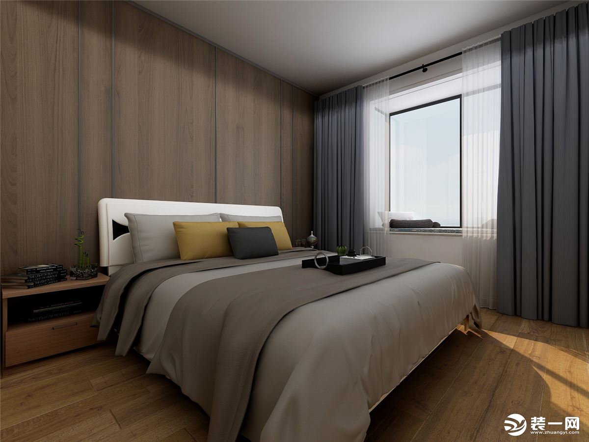 卧室则是使用了木饰面板作为床头背景墙的主要材料，半开放式的衣柜带着LED感应灯让卧室增添了更多的亮点