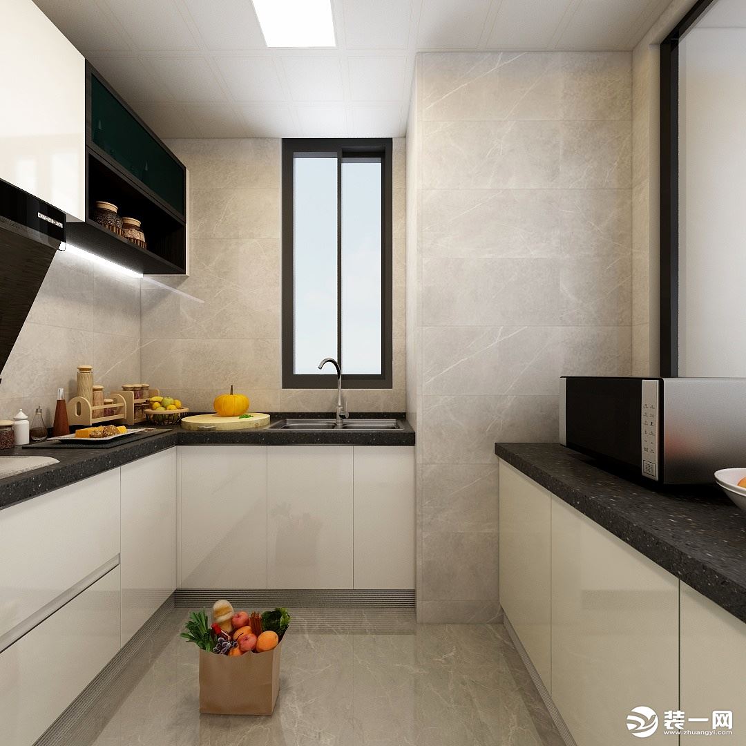 厨房采用L型的设计，拐角处这边增加了一排地柜，储物空间更大，UV板的光泽让厨房显得时尚了许多。