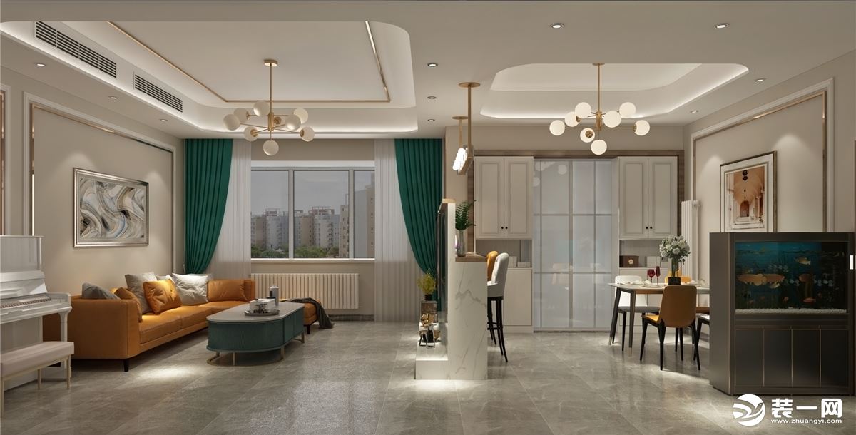 客厅的整个空间主要以咖色乳胶漆为基调，搭配时尚感的金属线条，利用较高的层高和小错层打造更有层次的空间