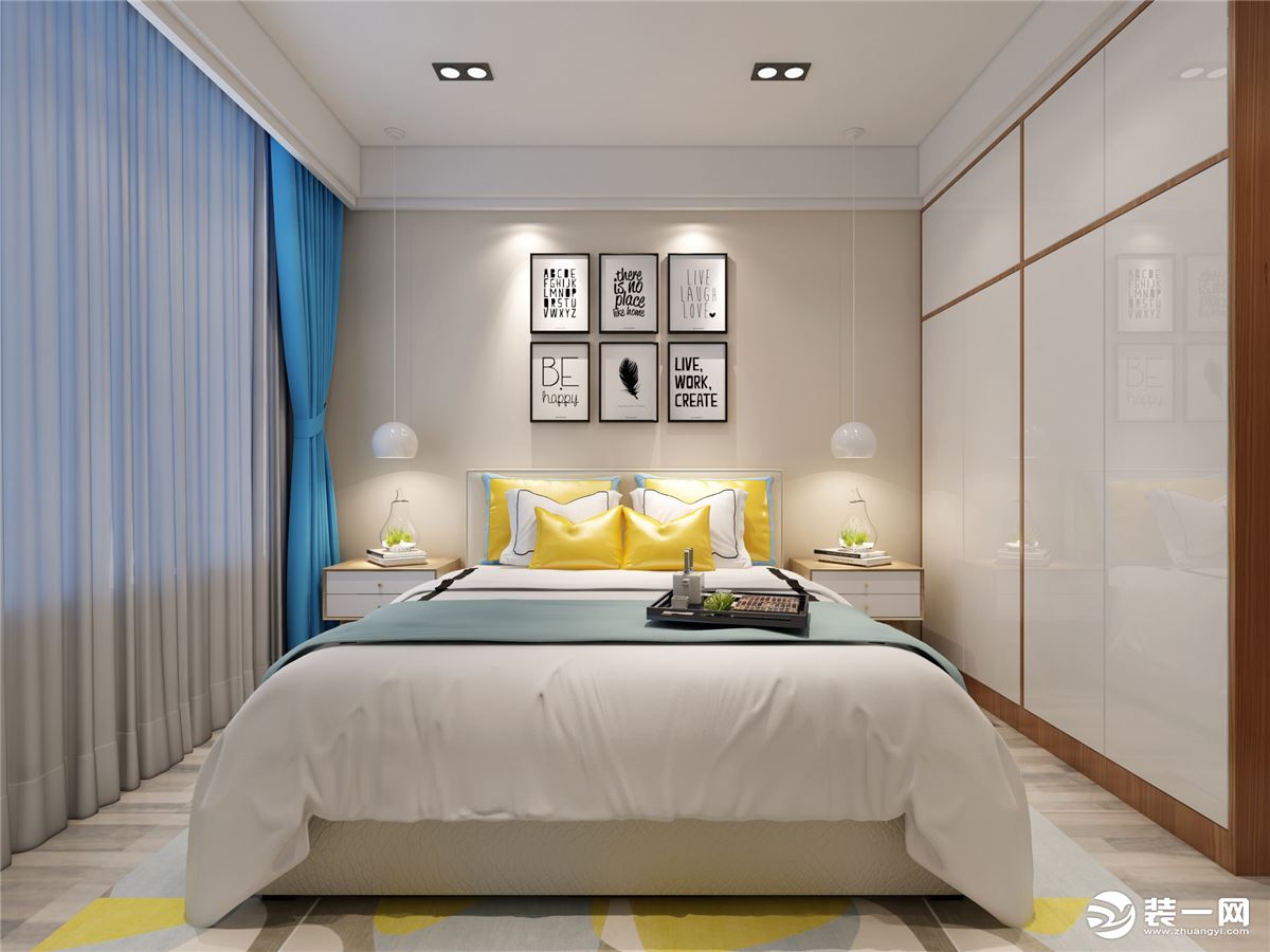 卧室是休息的场所，在空间中增加了一些黄色调，这样显得房间温馨，明亮。