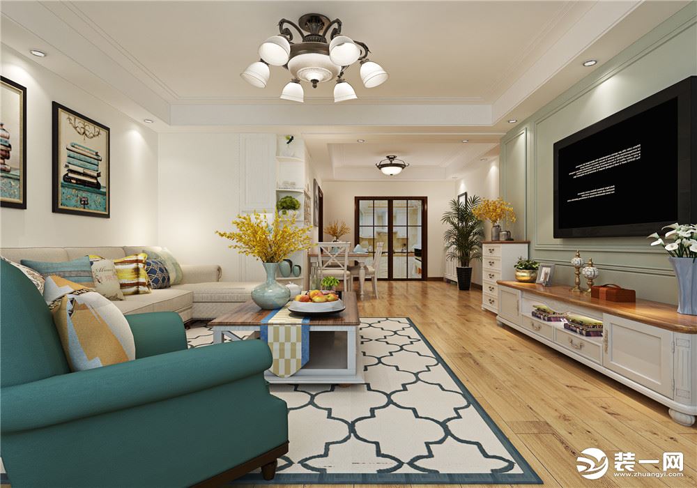 客厅选用了清新一些的浅色木纹地板，不至于整个空间太过于沉闷，在家具搭配上采用深蓝色来体现风格特点。