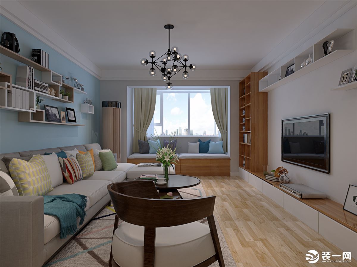 客厅空间采用浅枫木色木地板，结合中性色调的电视储物柜设计，构成整个空间的设计主色调