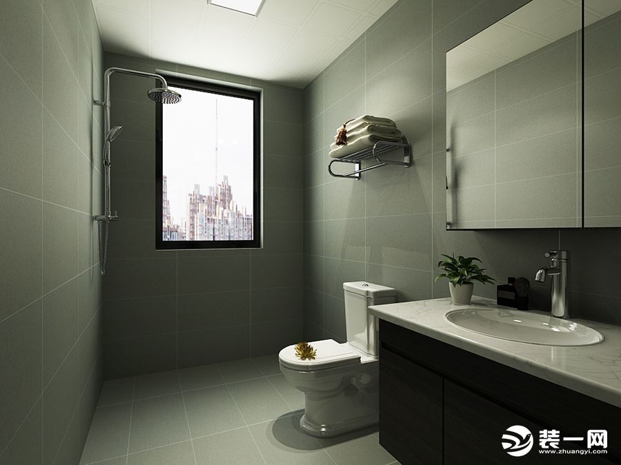 卫生间延续黑白灰色调，浴室柜是深色木纹，颜色层次分明，空间更有质感，浴室柜选用带镜柜的，增大收纳。