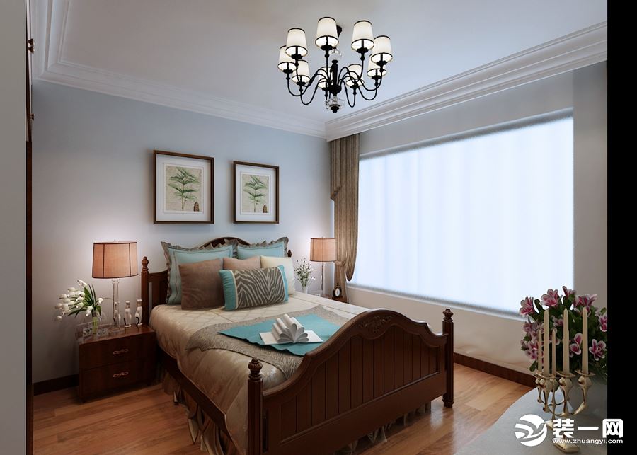 淡蓝色的墙面设计，更显空间的质感与档次。卧室布置较为温馨，作为主人的私密空间，主要以功能性为主
