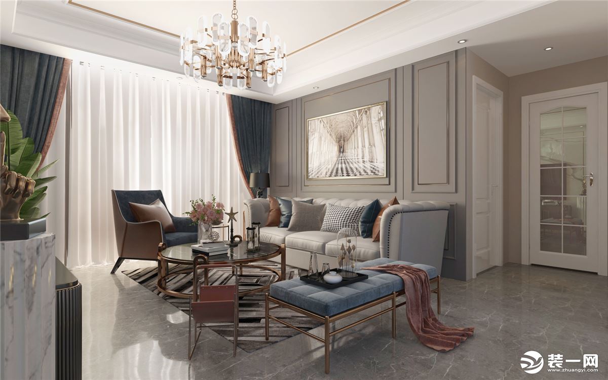客厅地面采用瓷砖设计，提高整个空间的亮度。采用亮面石材与灰色木质的护墙板相结合的设计，增加时尚感。