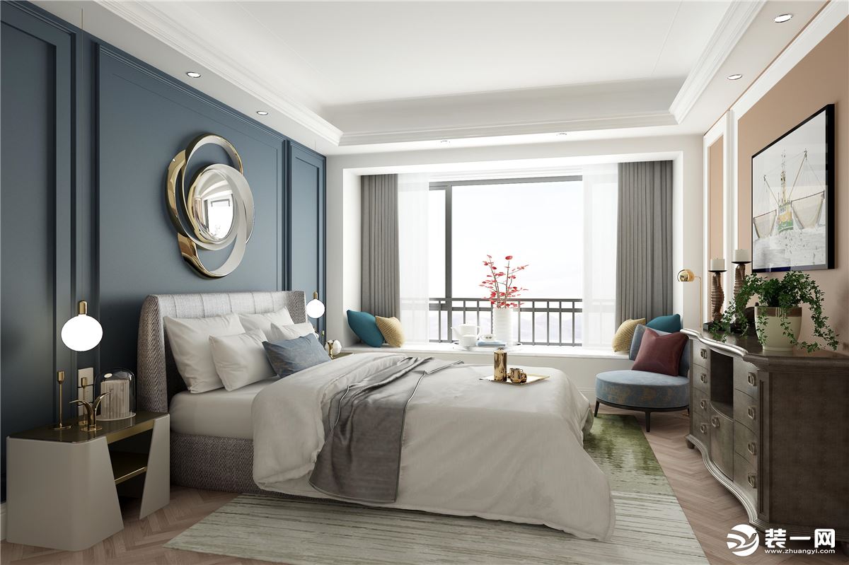 卧室墙面以石膏线作为造型，高级灰绿色的乳胶漆颜色，与布艺床体冷暖搭配，简约而不简单。