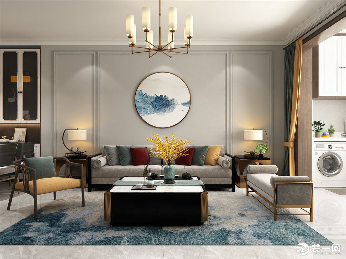 背景墙都采用中式元素，简单的壁布搭配，在家具上选用黑胡桃家具，整体色调一致。