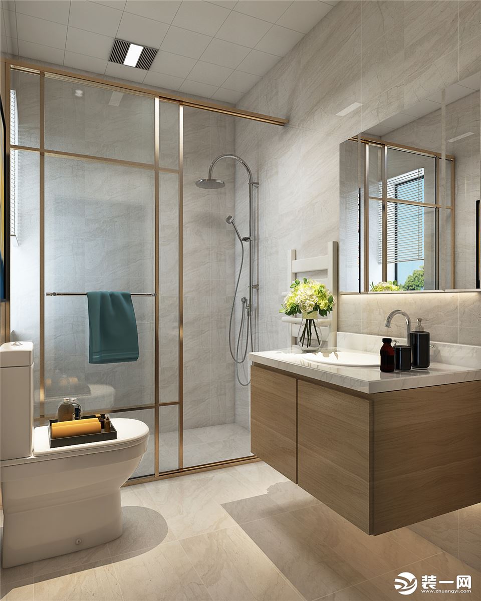卫生间的设计，是带隐私性的地方。整体色调偏暖，采用淋浴空间隔断的形式让空间分明，做到干湿分离。