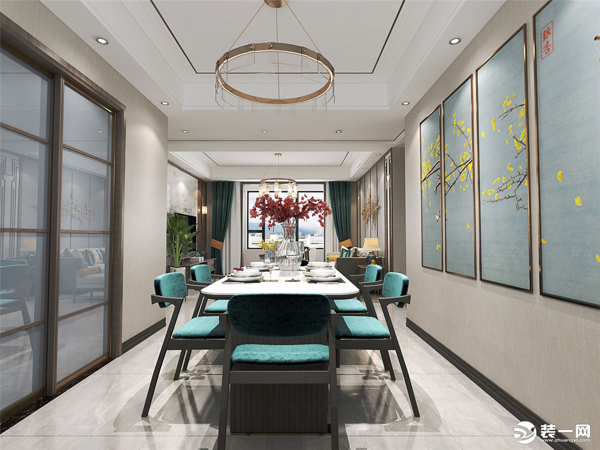 餐厅这块主要设计是墙面搭配装饰画，使整个空间有风雅意境。