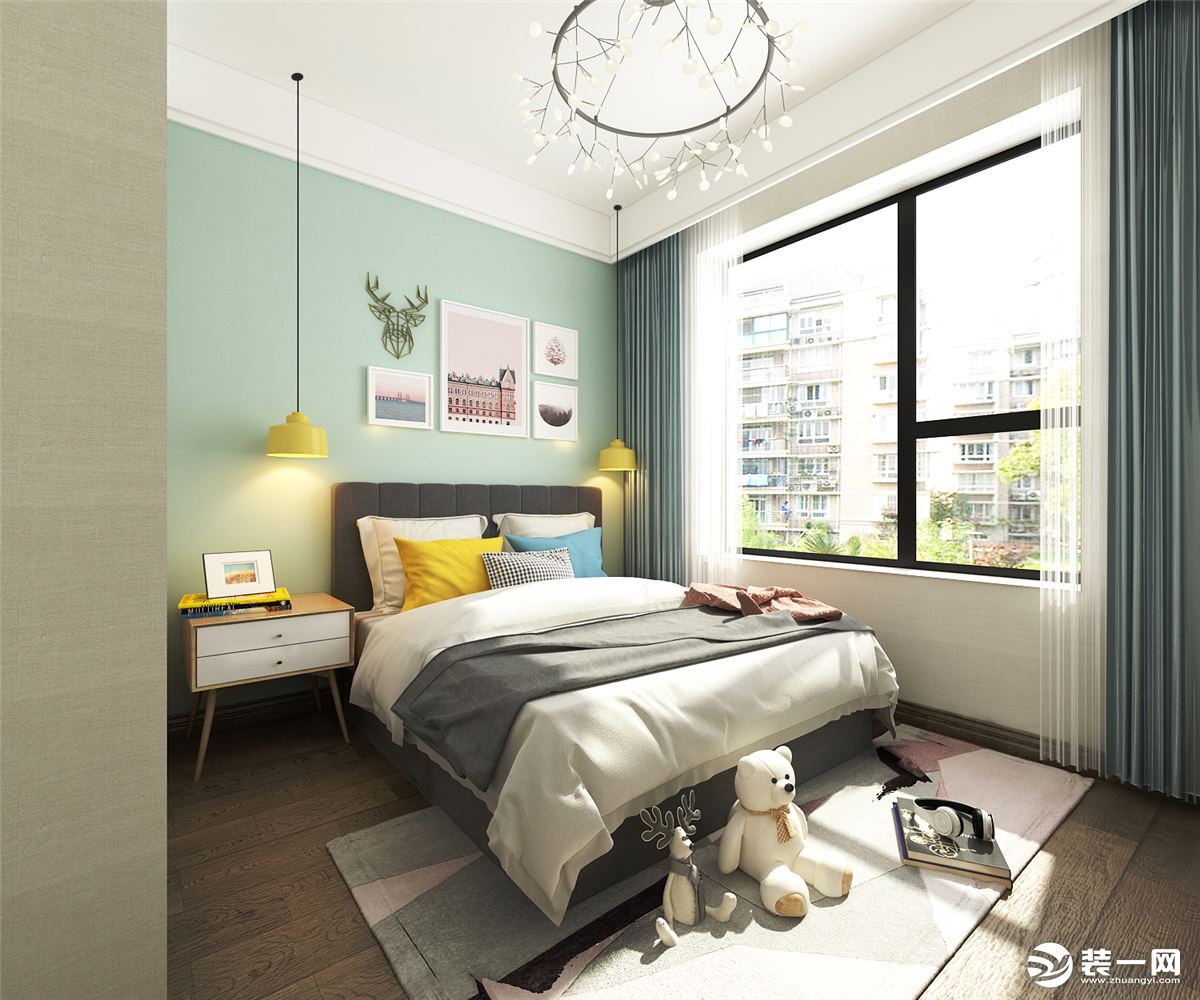 次卧：作为儿童房空间，色彩上采用青春绿色，使整个空间看起来更加活泼生动。