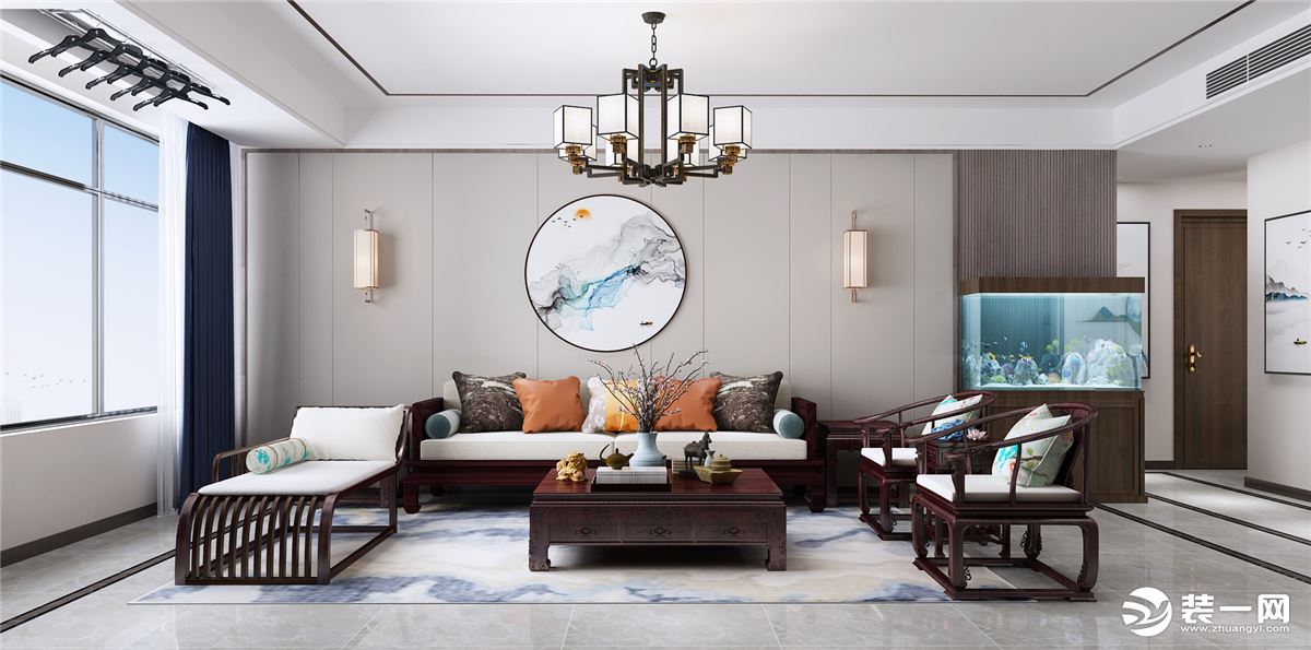 沙发背景墙的设计简单，采用中式的简灯对称，搭配上圆形的挂画搭配，表现了新中式的特色。
