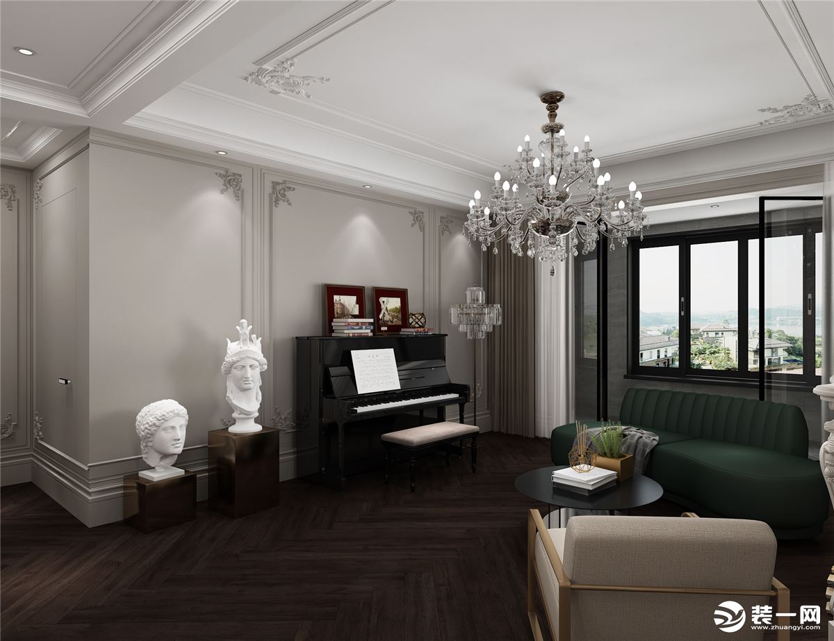 客厅墙面留白，做了简单的造型，使得整个空间显得非常优雅。放置的钢琴增加了娱乐的生活。