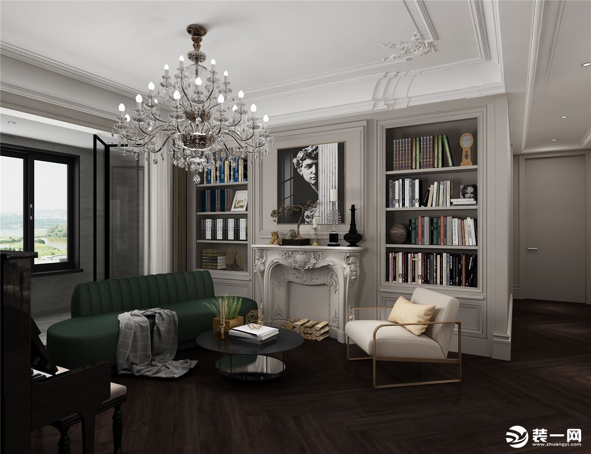 客厅沙发旁边采用白色调的设计加法式雕花造型，旁边的一排书柜设计增加了储物空间，也展示了静雅的生活态度