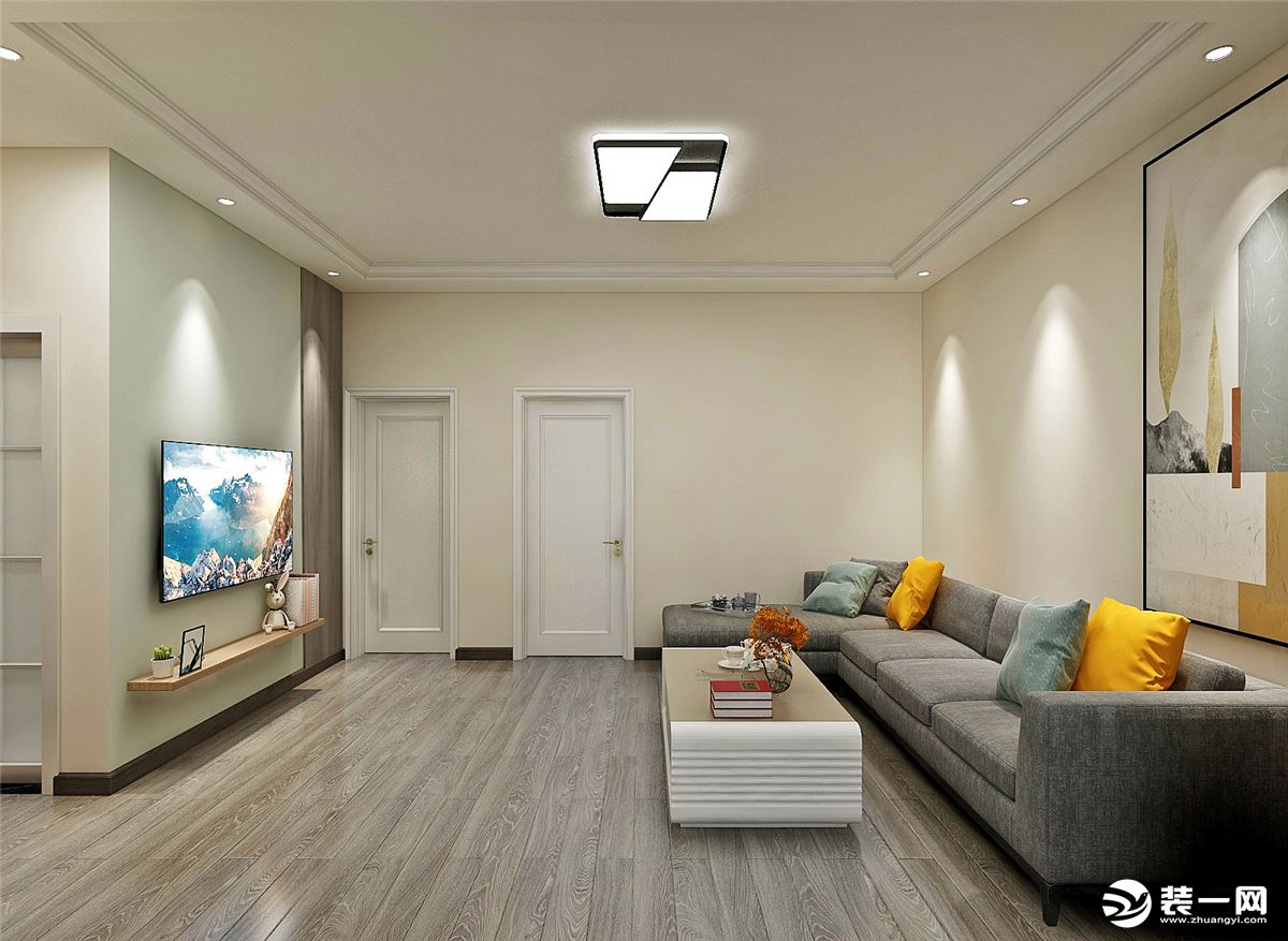 客厅大面积采用暖色调，这样可以让本来光线不是很充足的环境中更加温馨舒适。