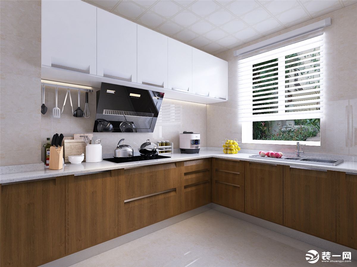 厨房空间采用L型设计，增大储物功能，整体色调明亮，上面吊柜采用白色柜体，显得更容易打理。