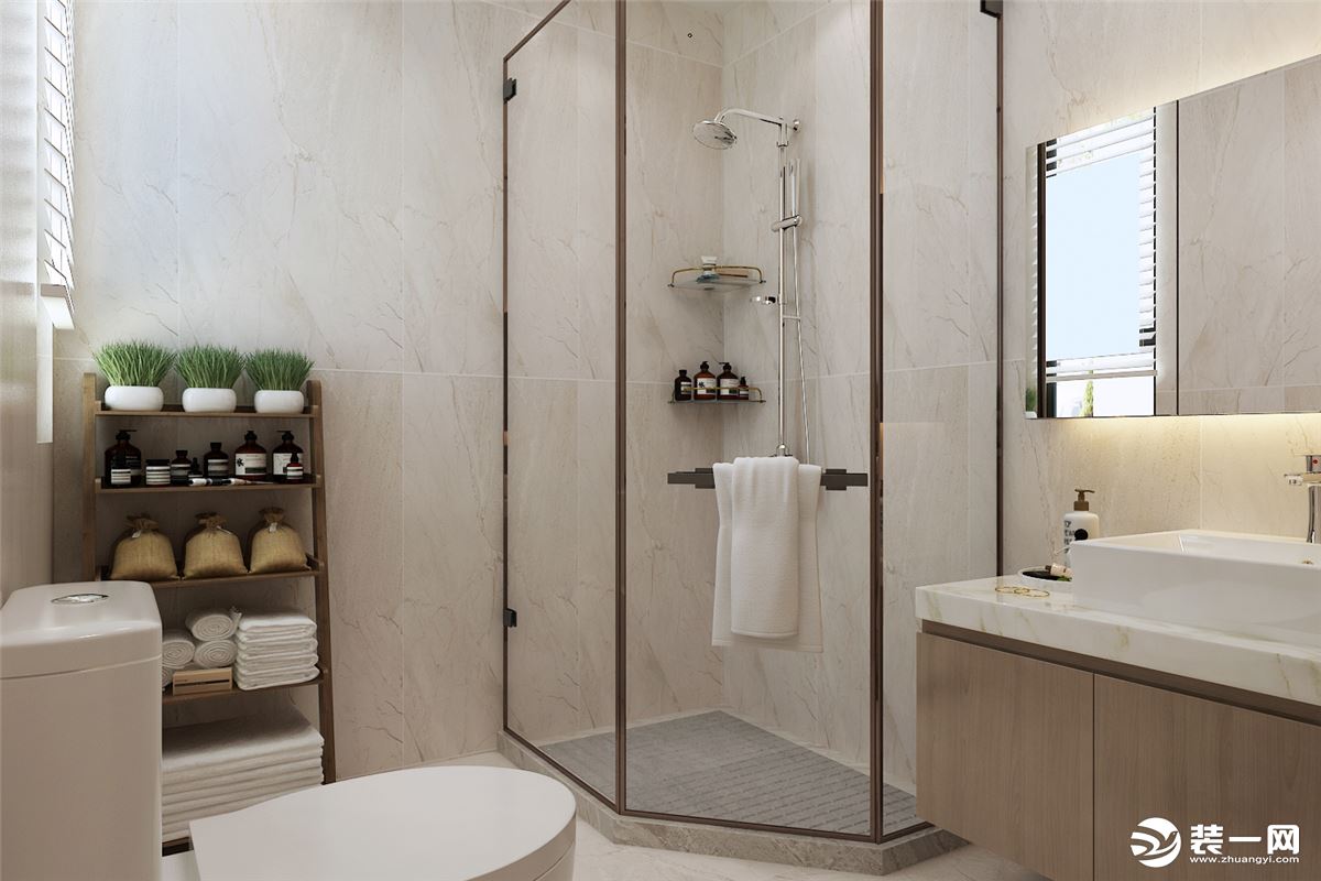 卫生间浴室柜的话建议选择台下盆方便实用。淋浴房的设计洗澡的时候水也不会碰到别的位置，整体也提升了质感