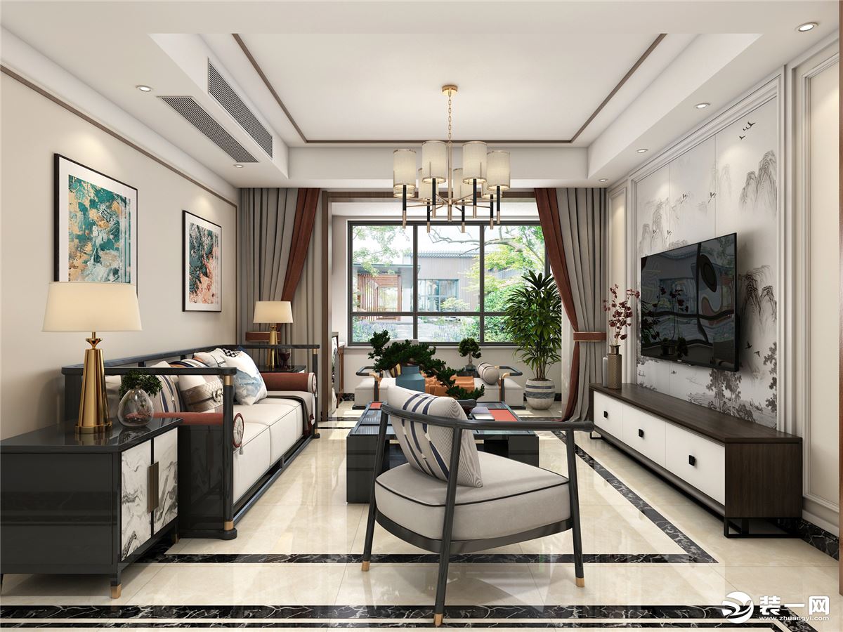 客厅这块的设计整体采用白色调的手法，简单的吊顶搭配上家具显得现代时尚。