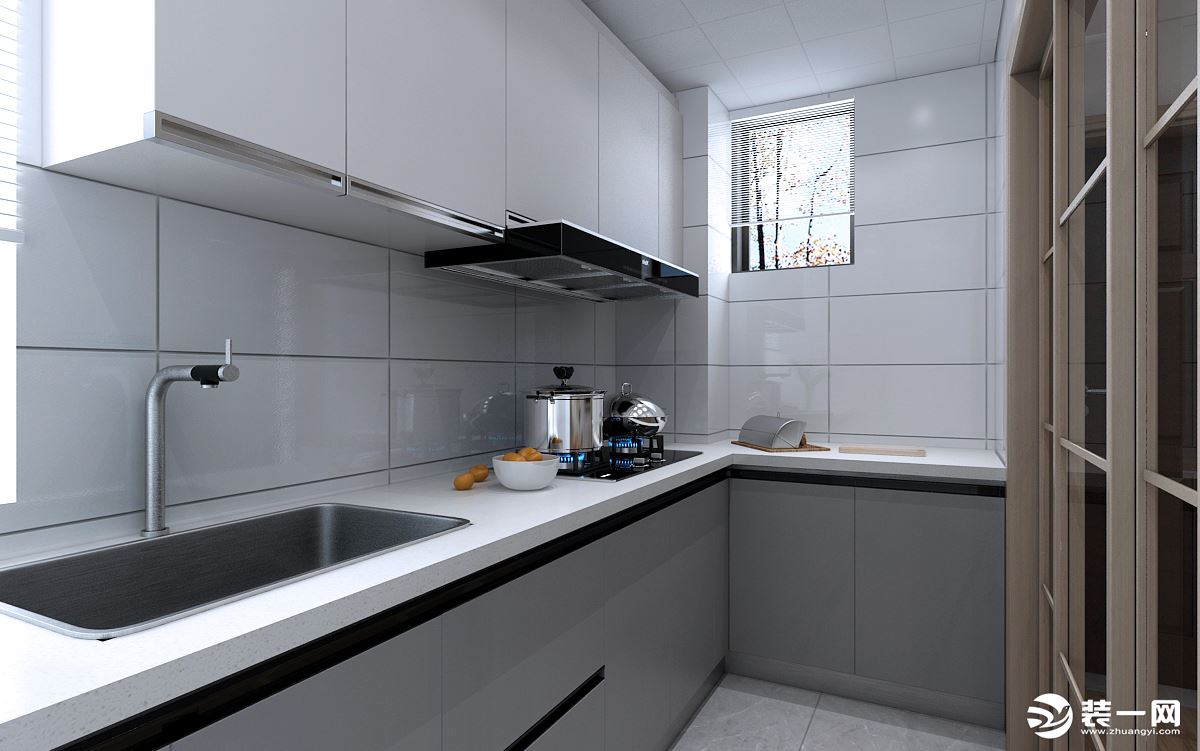 厨房橱柜采用灰色和白色的搭配，保证效果的情况下还可以使空间看上去不那么狭小，使空间显得更加透亮宽敞