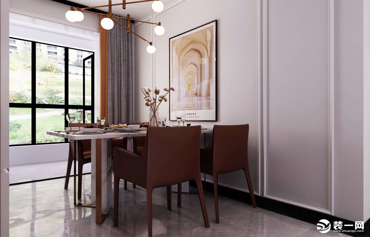 餐厅空间墙面造型采用了石膏线条的设计，和客厅的造型做了呼应。以装饰画最为点缀，在家具选择上面采用了皮