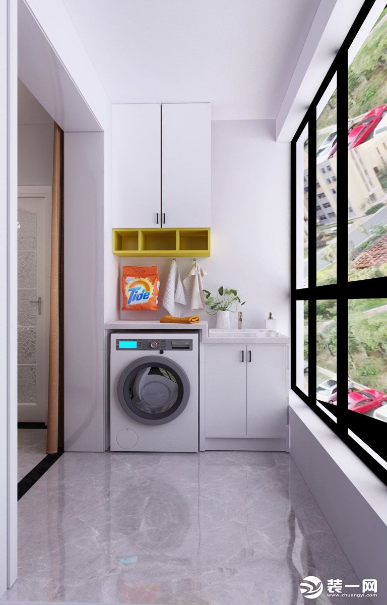 阳台空间设计了洗衣机伴侣的设计，在上方局部增加了吊柜的设计，最大化的增加储物空间，吊柜用两个颜色作为
