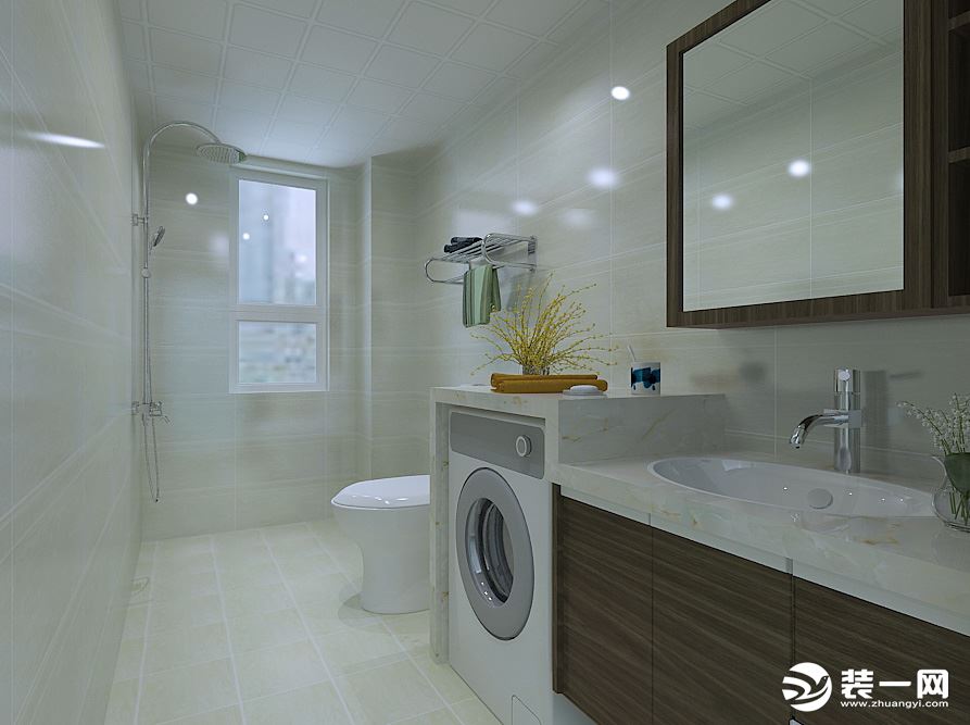 原卫生间是干湿分离的，为了扩大卫生间，改造成了一体式的，把洗衣机与浴室柜一体化设计，不仅整体感非常强