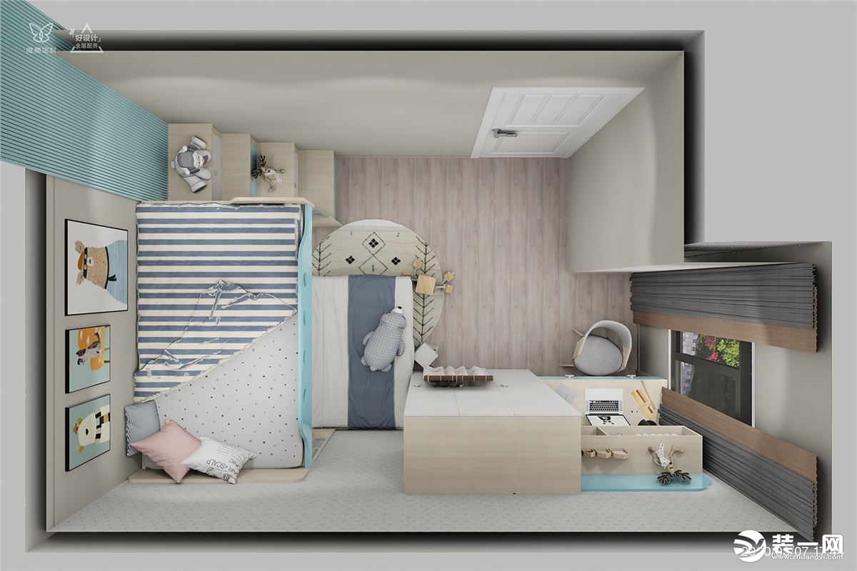  次卧采用蓝色打造空间，墙面通过墙饰与照片，展示孩子的成长过程，记录着有趣的时光，采用高低床，让空间