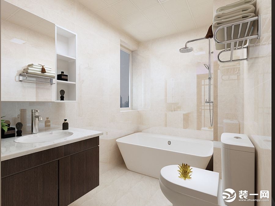 卫生间主要营造一种温馨的感觉，所以采用的是暖色系的砖，搭配的浴室柜是深色木纹，颜色层次分明，空间更有
