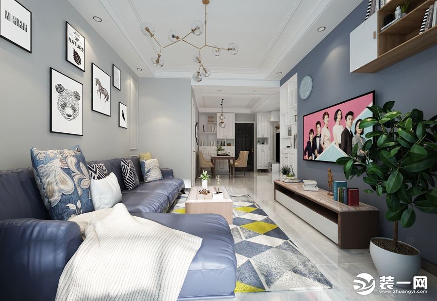沙发墙采用简单的石膏线打造氛围，以灰色为主色调，搭配深蓝色系沙发，让空间简单又不单调，通过整体空间的
